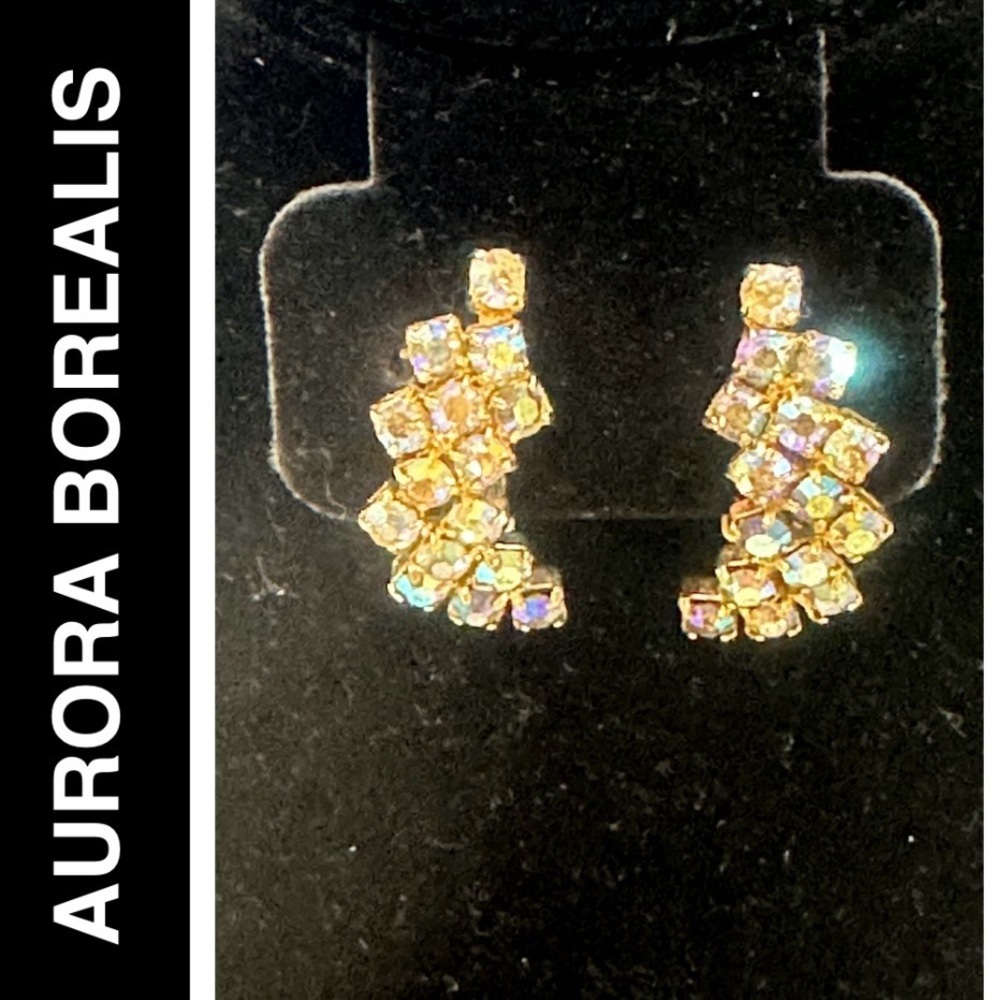 Vintage Aurora Borealis AB Rhinestone Clip-On Earrings - Picture 7 of 7